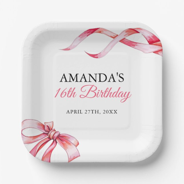 Watercolor Pink Flowing Ribbon Sweet 16 Birthday Paper Plate (Front)