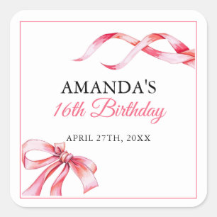 Watercolor Pink Flowing Ribbon Sweet 16 Birthday Square Sticker