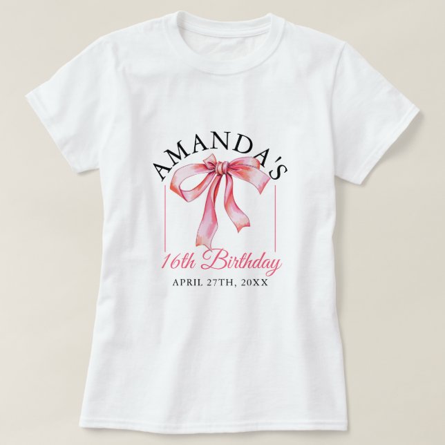 Watercolor Pink Flowing Ribbon Sweet 16 Birthday T-Shirt (Design Front)