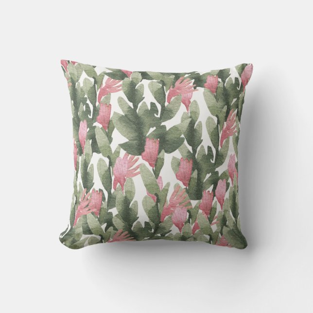 Watercolor pink gable green abstract cactus floral cushion (Front)