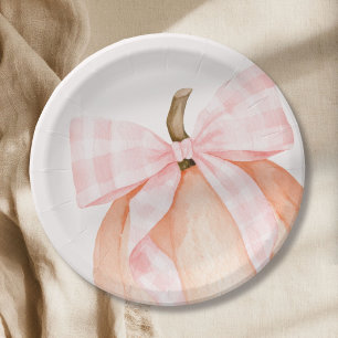 Watercolor Pink Gingham Bow Pumpkin Baby Shower  Paper Plate