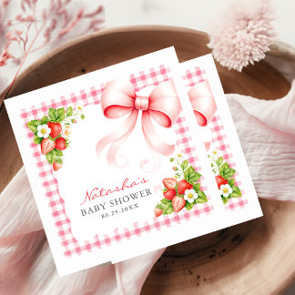 Watercolor Pink Gingham Bow Strawberry Baby Shower Napkin