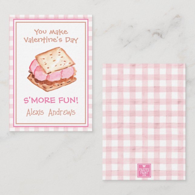 Watercolor Pink Gingham S'mores Valentine's Cards (Front/Back)