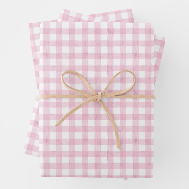 Watercolor Pink Gingham Wrapping Paper Sheet (In situ)