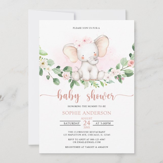 Watercolor Pink Girl Baby Elephant Baby Shower Invitation (Front)