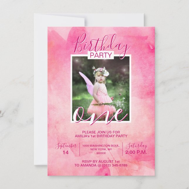 Watercolor Pink Girl BIRTHDAY Party 1st ONE YEAR Invitation (Front)