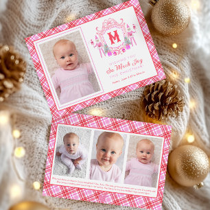 Watercolor Pink Girl Elf Monogram Crest Holiday Card