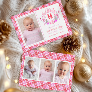Watercolor Pink Girl Elf Monogram Crest Holiday Card