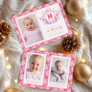 Watercolor Pink Girl Elf Monogram Crest Holiday Card