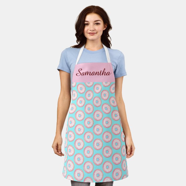 Watercolor Pink Glazed Sprinkle Doughnuts Apron (Worn)