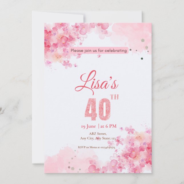 Watercolor Pink glitter 40th birthday  Invitation (Front)