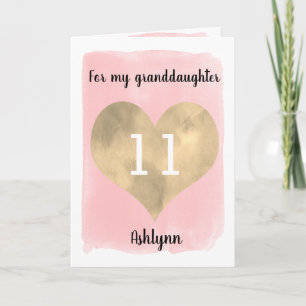 Watercolor Pink Gold 11th Birthday Granddaughter Card