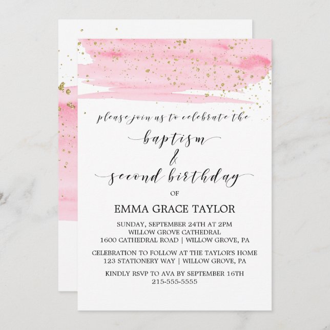 Watercolor Pink & Gold Baptism & 2nd Birthday Invitation (Front/Back)