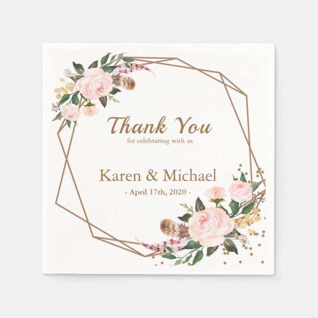 Watercolor Pink & Gold Boho Chic Floral Wedding Napkin (Front)