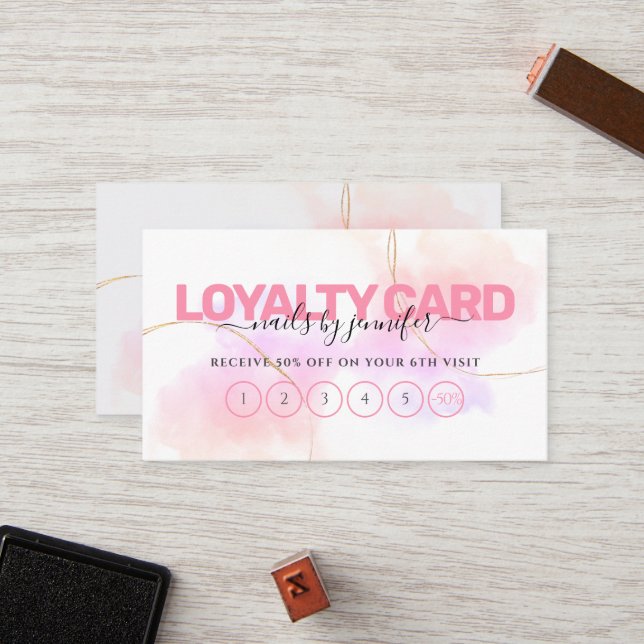 Watercolor Pink Gold Chic Nails Beauty Salon Loyalty Card (Front/Back In Situ)
