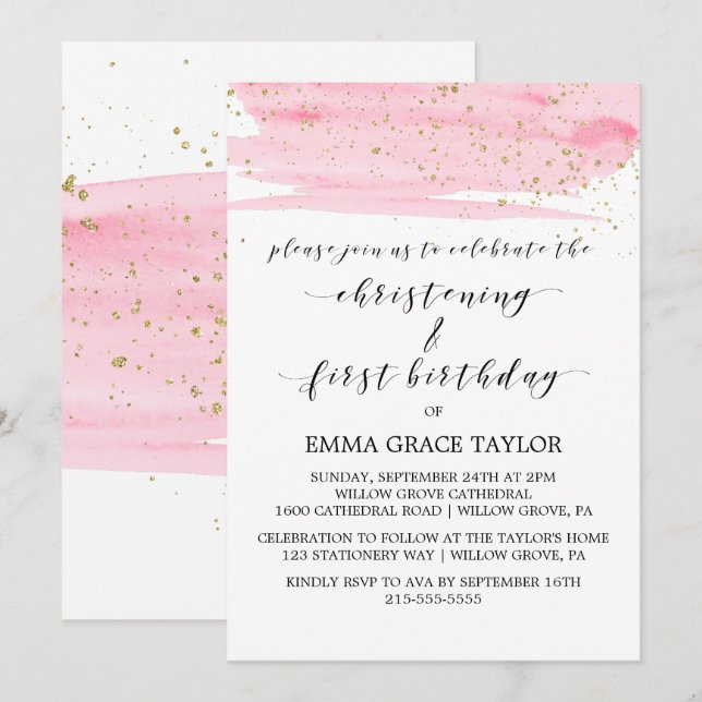 Watercolor Pink & Gold Christening & 1st Birthday Invitation (Front/Back)