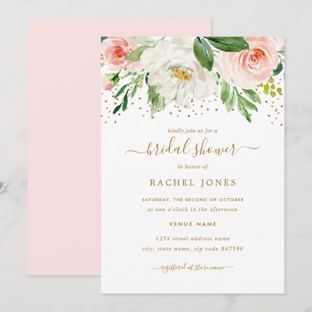 Watercolor Pink Gold Floral Bridal Shower Invitation (Front/Back)