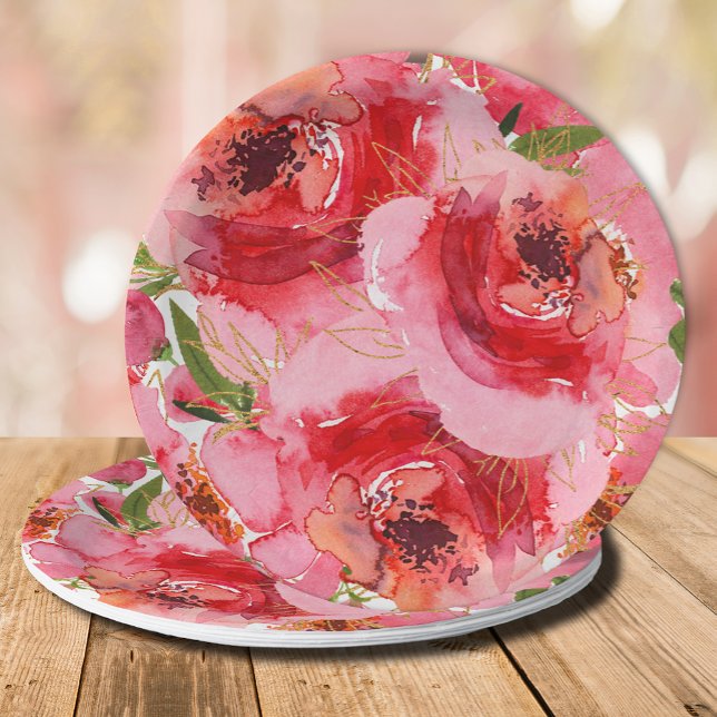 Watercolor Pink Gold Floral Bridal Shower Paper Plate (Watercolor pink peony flowers and leaves bridal shower paper plates)