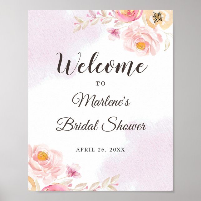 Watercolor Pink & Gold Floral Bridal Shower Sign (Front)