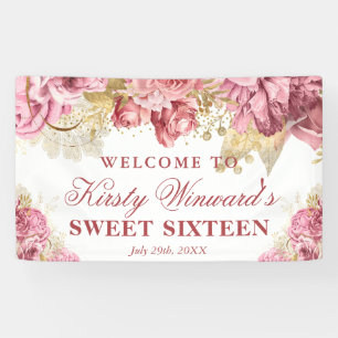 Watercolor Pink Gold Flowers Sweet Sixteen Welcome Banner