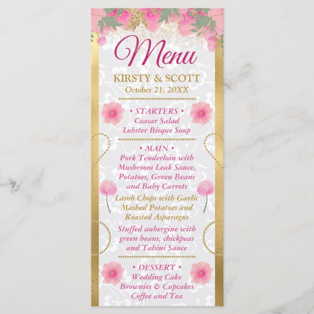 Watercolor Pink  & Gold Flowers Wedding Menu (Front)