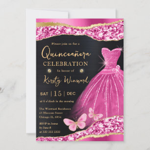 Watercolor Pink & Gold Glitter Dress Quinceanera Invitation
