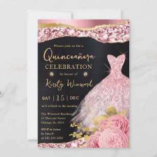 Watercolor Pink & Gold Glitter Dress Quinceanera Invitation