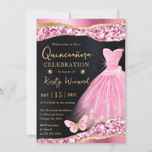Watercolor Pink & Gold Glitter Dress Quinceanera Invitation