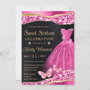 Watercolor Pink & Gold Glitter Dress Sweet Sixteen Invitation