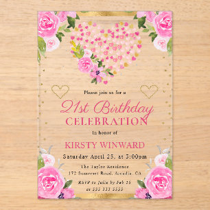 Watercolor Pink Gold Hearts Flowers 21st Birthday Acrylic Invitations