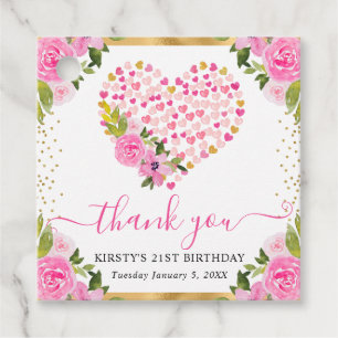 Watercolor Pink Gold Hearts Flowers 21st Birthday Favour Tags