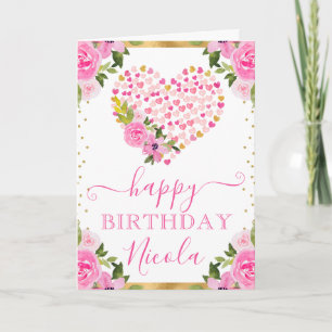Watercolor Pink Gold Hearts Flowers Birthday Card