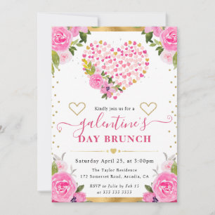 Watercolor Pink & Gold Hearts & Flowers Galentine' Invitation