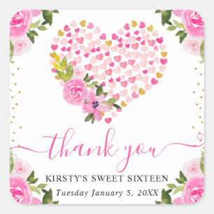 Watercolor Pink Gold Hearts Flowers Sweet Sixteen Square Sticker