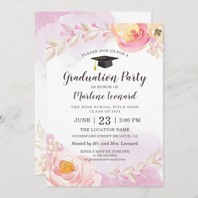 Watercolor Pink Gold Rose Garden Graduation Party Invitation (Front/Back)