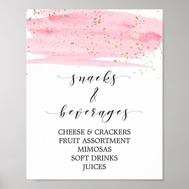 Watercolor Pink & Gold Snacks and Beverages Sign (Front)