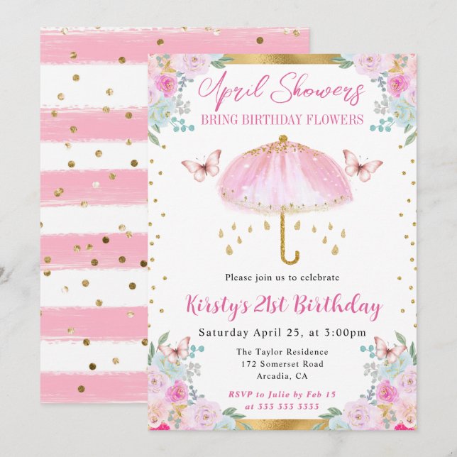 Watercolor Pink Gold Spring Umbrella 21st Birthday Invitation (Front/Back)