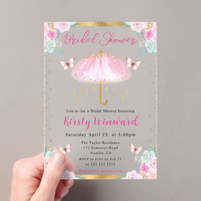 Watercolor Pink Gold Spring Umbrella Bridal Shower Acrylic Invitations (Insitu (Handheld))