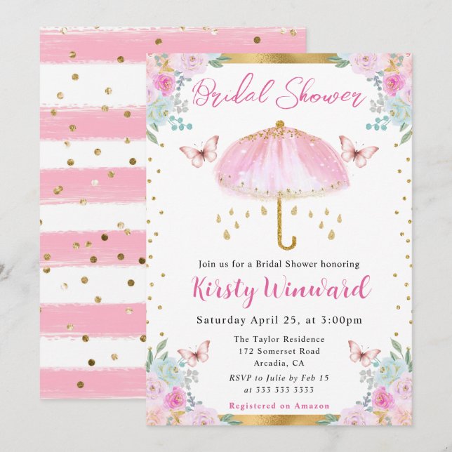 Watercolor Pink Gold Spring Umbrella Bridal Shower Invitation (Front/Back)