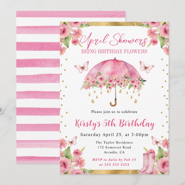 Watercolor Pink Gold Spring Umbrella Kids Birthday Invitation (Front/Back)