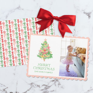 Watercolor Pink Green Bow Coquette Christmas Photo Holiday Card