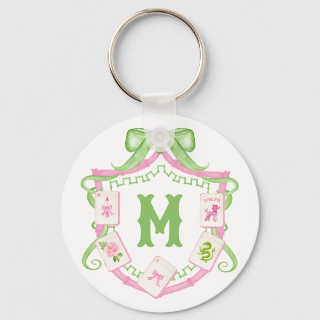Watercolor Pink & Green Bow Mahjong Monogram Crest Key Ring (Front)