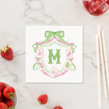 Watercolor Pink & Green Bow Mahjong Monogram Crest