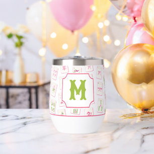 Watercolor Pink & Green Bow Mahjong Tiles Monogram