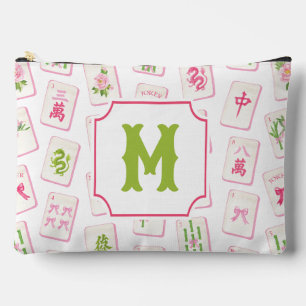 Watercolor Pink & Green Bow Mahjong Tiles Monogram Accessory Pouch