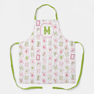 Watercolor Pink & Green Bow Mahjong Tiles Monogram Apron