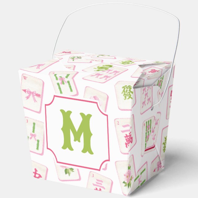 Watercolor Pink & Green Bow Mahjong Tiles Monogram Favour Box (Front)