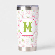 Watercolor Pink & Green Bow Mahjong Tiles Monogram