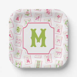 Watercolor Pink & Green Bow Mahjong Tiles Monogram Paper Plate