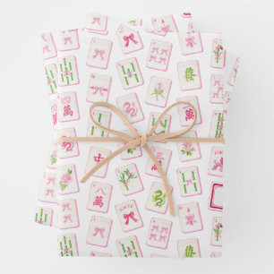 Watercolor Pink & Green Bow Mahjong Wrapping Paper Sheet